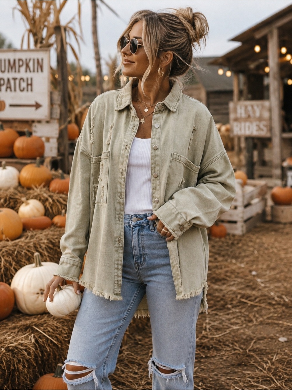 VICI Oversized Distressed Denim Shirt Shacket Khaki, Size Medium